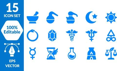 Blue alchemy and magic mystical symbols icon set isolated on white backgrou.. Stockillustratie