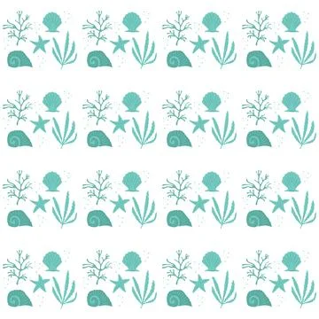 Blue algae, shells, and starfish. A set of flat drawings of an underwater e.. 库存插图