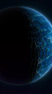 Blue alien planet half covered in shadow against a starry space background,.. Stock Illustration