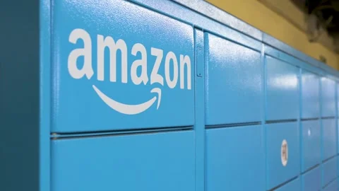 A blue Amazon Locker, a self-service pickup point for the evolution of Video stock 320112743