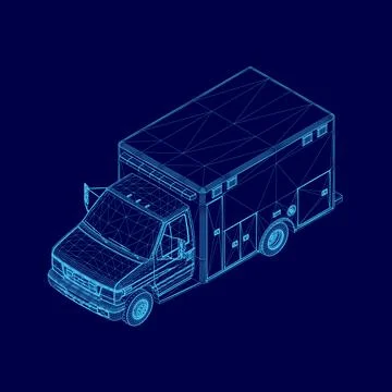 Blue ambulance is shown in a blue background. The ambulance is parked on the Stockillustratie
