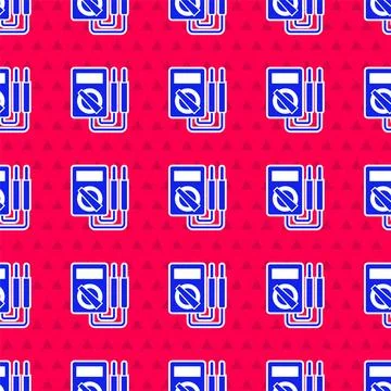 Blue Ampere meter, multimeter, voltmeter icon isolated seamless pattern on red Stock Illustration