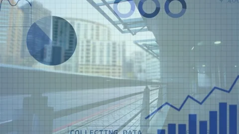 Blue analytic overlay layering platform starting COLLECTING DATA growing bars Video stock 335281975