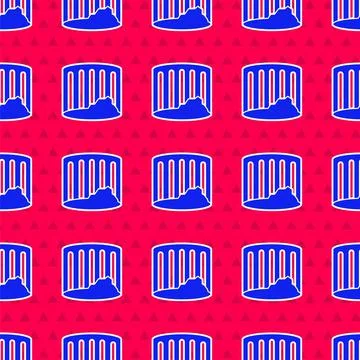 Blue Ancient column icon isolated seamless pattern on red background. Vector Stock Illustration