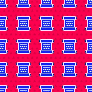 Blue Ancient papyrus scroll icon isolated seamless pattern on red background Illustrazione stock