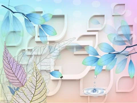 Blue and beige background, frame, colorful leaves, a splash of water Stock Illustration