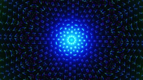 Blue and black background with circular design in the center. Kaleidoscope VJ lo Stock Footage 252352100