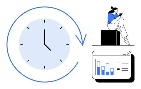 Blue and black clock with an arrow indicating time management, a person sitti イラスト素材
