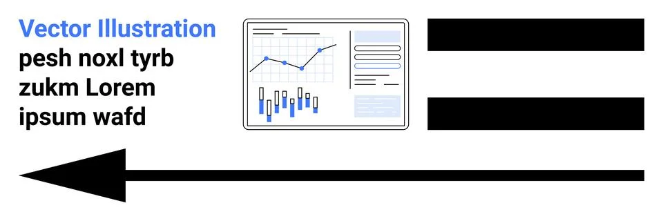 Blue and black data chart with progress bars and placeholder text. Arrow symb 库存插图