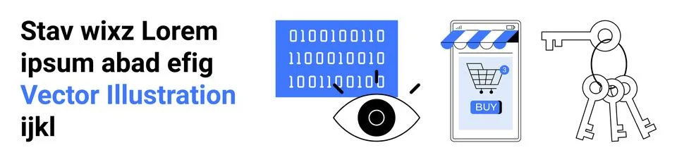 Blue and black design with binary code, an eye symbol, a shopping page, and k Stock Illustration