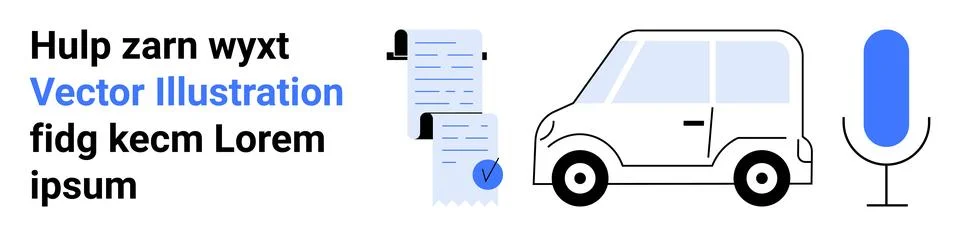 Blue-and-black documents, small car, and microphone with placeholder text. Id Stock Illustration