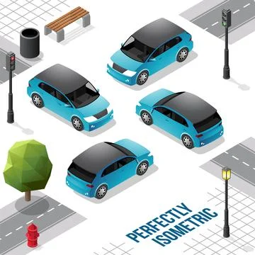 Blue and Black Isometric Hatchback Car from Front Back Right and Left Stock Illustration