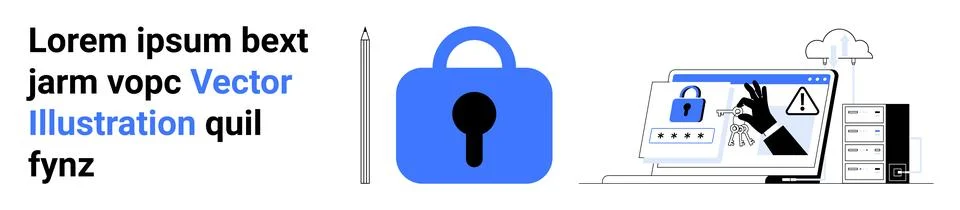 Blue and black lock with computer screen, hand showing hacking warning, cloud Illustrazione stock