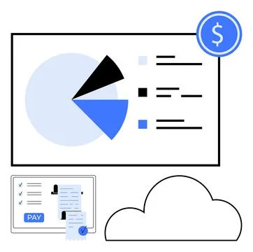 Blue and black pie chart with labeled sections invoices with a pay button clo Illustrazione stock