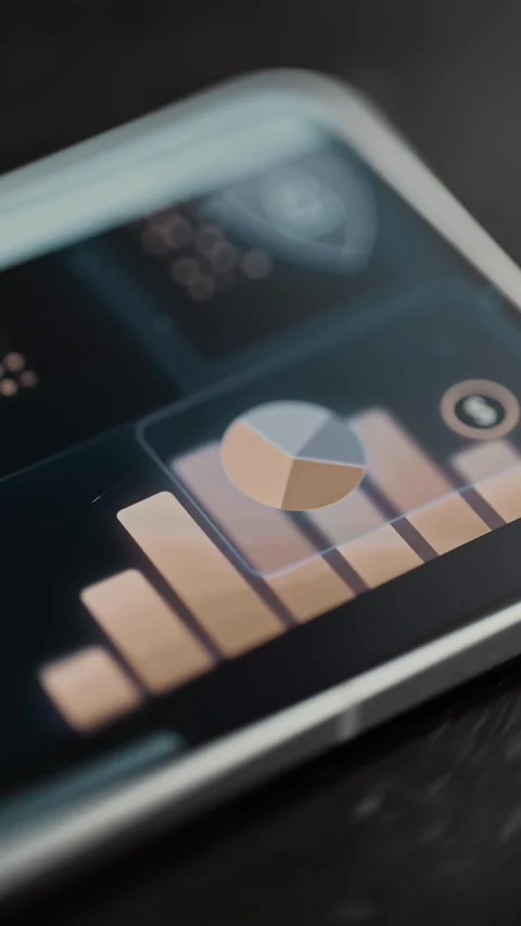 Blue and bronze segmented pie chart overlays a row of warm financial bars Stock Footage 343375444