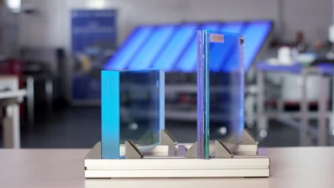 Blue and Clear Glass Samples in Metal Holders, Technical Workshop, Close Up Shot 動画素材 341297823