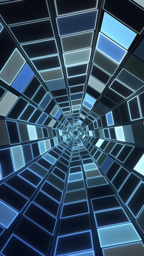 Blue and cool gray rectangular panels form a segmented tunnel that narrows .. Stock Footage 348763086