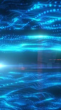 Blue and cyan digital data waves with glowing dotted particles, flowing net.. Stock Illustration
