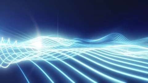 Blue and cyan glowing light waves flowing across a dark background, creatin.. Stock Illustration