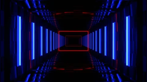 Blue and Deep Red Strobe Neon Hallway with Checkerboard Texture Background V Stock Footage 302799356