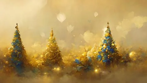 Blue and gold christmas trees forest on golden background christmas card with Stock Illustration