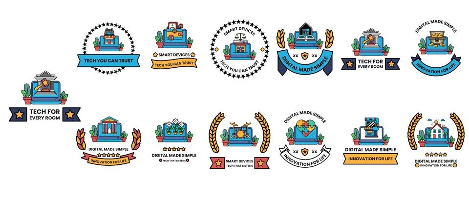 Blue and gold emblems feature schoolhouses and books Stock Illustration