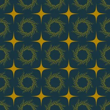 A blue and gold patterned background with wreaths and stars Stock Illustration