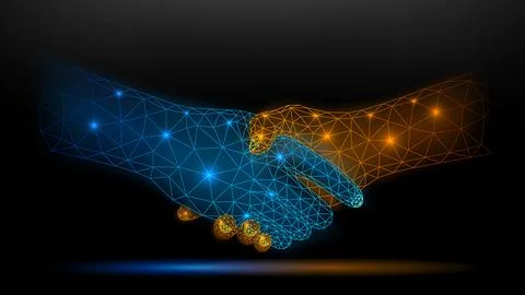 Blue and Gold Wireframe Glowing Handshake on Dark Background, Partnership a.. Stock Illustration