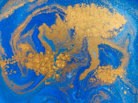 Blue and golden liquid texture, watercolor hand drawn marbling illustration Stock Illustration