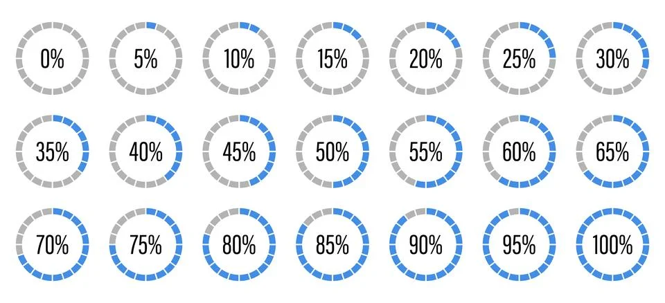 Blue and gray colored progress bar. Template of blue and gray color fill pie Ilustración de archivo
