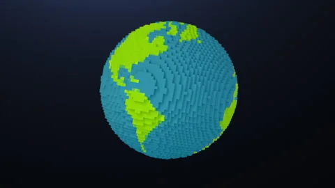 Blue and Green Building Block Earth Globe 3D Animation Stock Footage 344285963