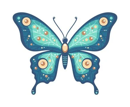 Blue and green butterfly with a pattern of lines and circles on the wings Stock Illustration