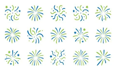Blue and green firework icon collection on white background. Festive vector イラスト素材