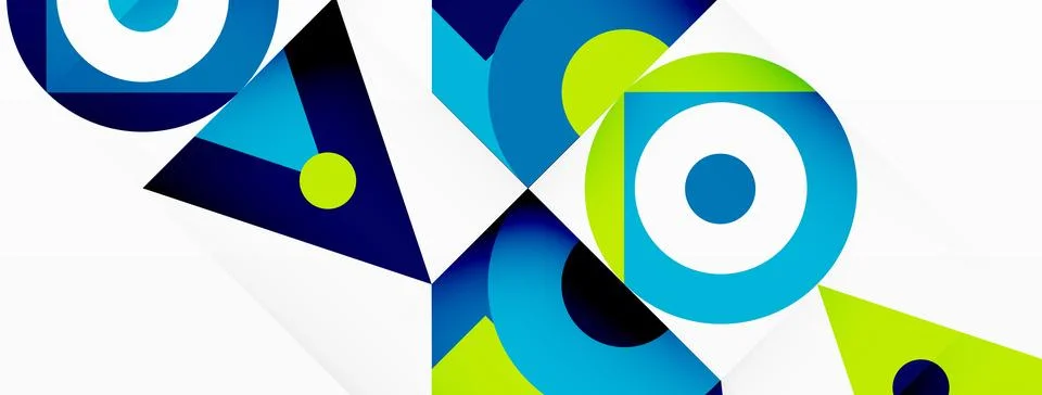 A blue and green geometric pattern with circles and triangles on a white Stock Illustration