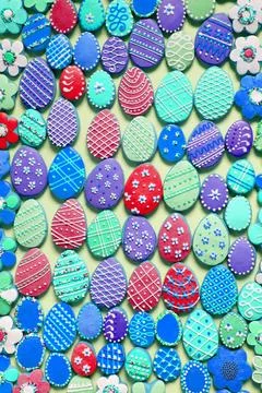 Blue and Green Gingerbread Easter Cookies. Decoration Colored Background Stock Photos