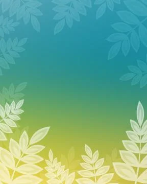 Blue and green gradient background with a border of white translucent ferns Stock Illustration