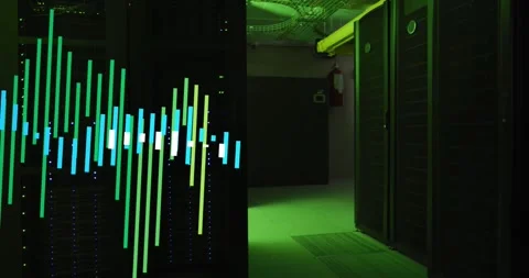 Blue and green graph and data processing over computer server room Stock Footage 329509448