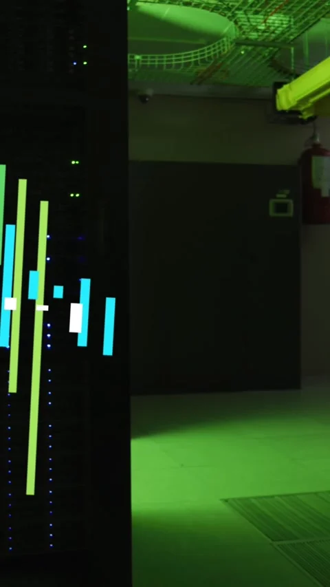 Blue and green graph and data processing over computer server room Stock Footage 342612904