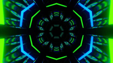 Blue and Green Hexagonal Neon Mirrored Tunnel Background VJ Loop in 4K Stock Footage 319936547