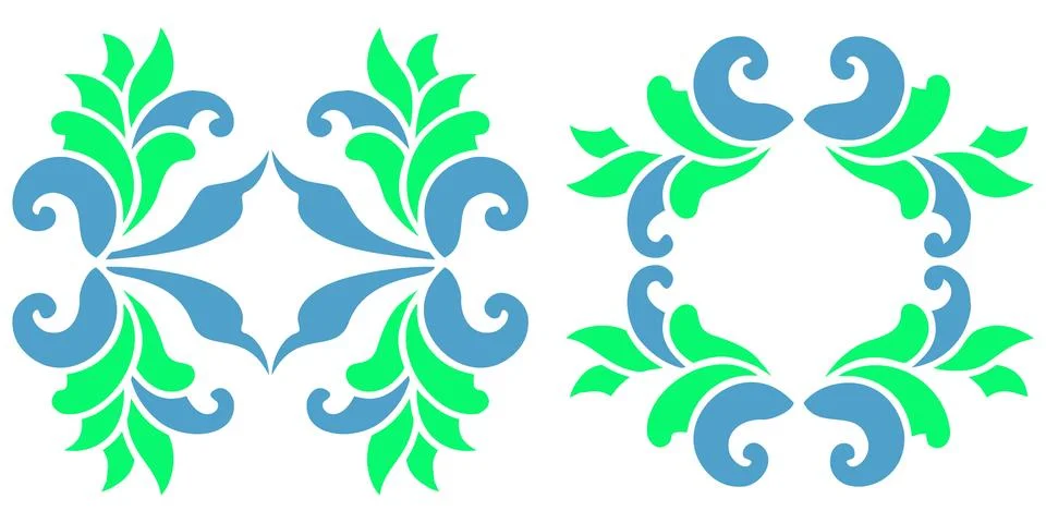 Blue and green leaf scroll pattern set for seasonal border decoration. Stock Illustration