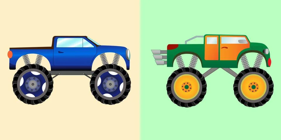 Blue and green monster trucks Stock Illustration