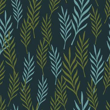 Blue and green random leaf twigs abstract seamless pattern. Dark navy blue ba Illustrazione stock