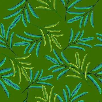 Blue and green random simple leaf branches ornament seamless pattern. Hand dr Stock Illustration