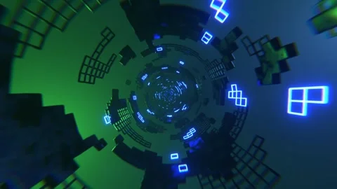 Blue and Green Sci-Fi Tunnel Elements Neon Grid Background VJ Loop l 4K Stock Footage 294914682
