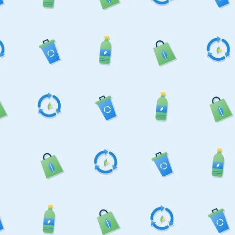 Blue and green seamless loop pattern of recycling bin, plastic bottle, reusable Stock Footage 346184215