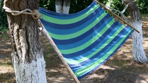 A blue and green striped hammock suspended from a tree branch, perfect for .. Vídeos de archivo 342162397