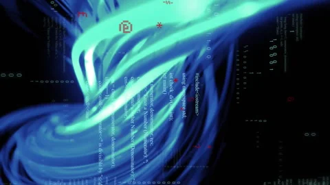 Blue and green swirling patterns with digital code overlay creating animation Stock Footage 313396190