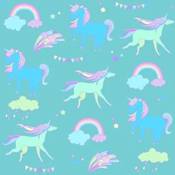 Blue and green unicorns with flags on a dark  background  stars Ilustración de archivo