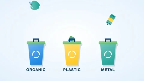 Blue and green waste sorting bins with falling apple, plastic bottle, metal Stock Footage 346184229