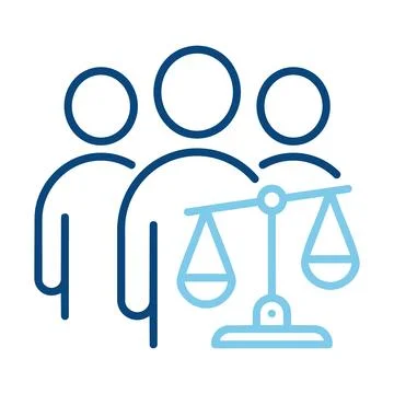 A blue and light blue icon of three people with a scale vector Stock Illustration